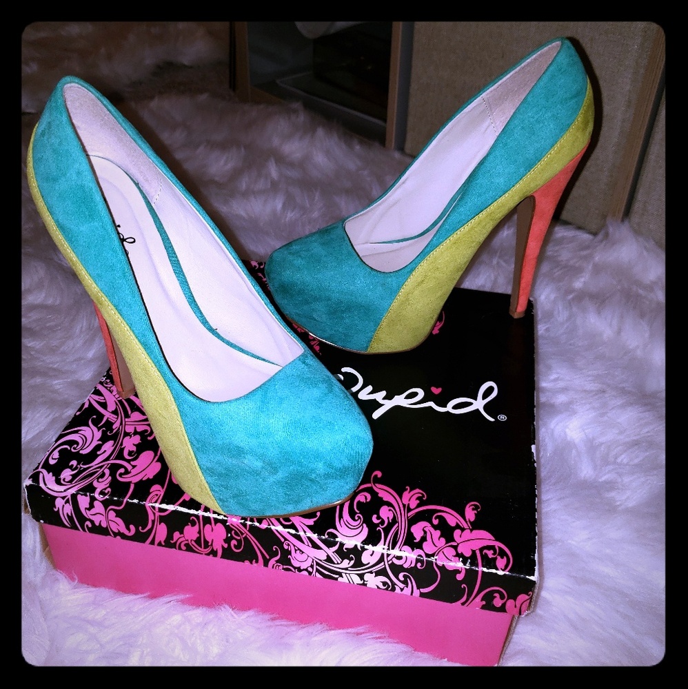 Coral lime green and turquoise heels
